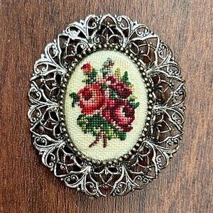 Vintage Austrian Silver Toned Filagree Floral Needlepoint Brooch Pin